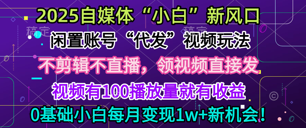 2025每月躺赚5w+新机会，闲置视频账号一键代发玩法，0粉不实名不剪辑，领了视频直接发，0基础小白也能日入300+-吉祥副业
