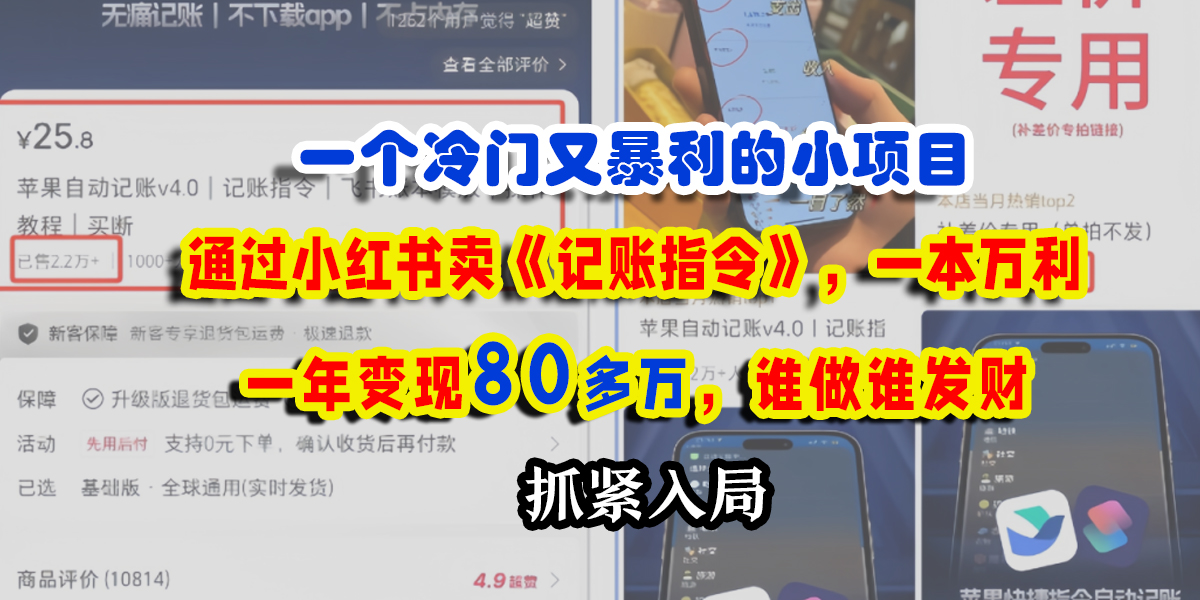 一个冷门又暴利的小项目，通过小红书卖《记账指令》，一本万利，一年变现80多万，谁做谁发财-吉祥副业
