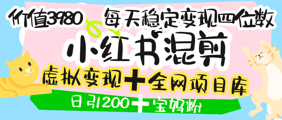 价值3980的小红书混剪， 虚拟变现 ＋全网项目库 ， 日引200+宝妈创业粉，每天稳定四位数变现-吉祥副业
