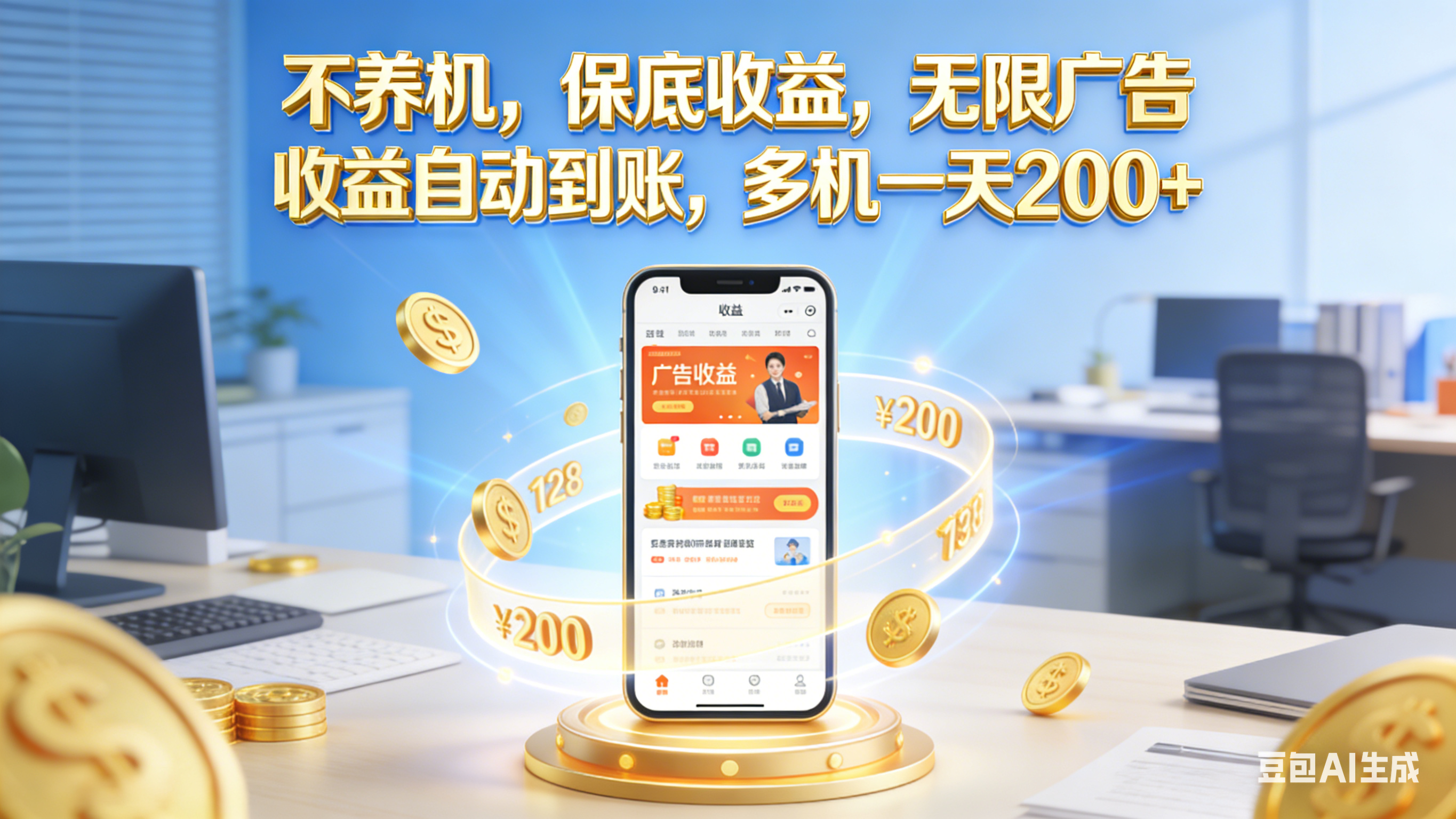 不养机,保底收益,无限广告,收益自动到账,多机一天200+-吉祥副业