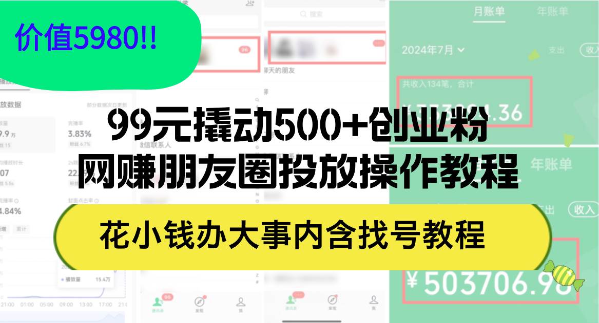 99元撬动500+创业粉，网赚朋友圈投放操作教程价值5980！花小钱办大事内…-吉祥副业